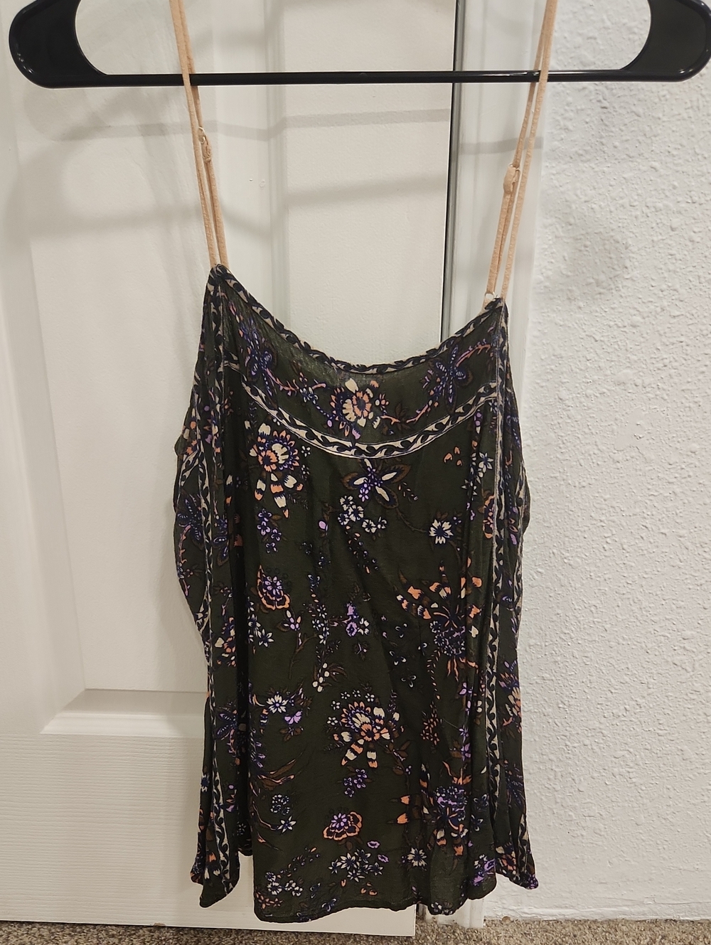 Free People Green Floral Spaghetti Strap Tank with Purple & Peach Accents